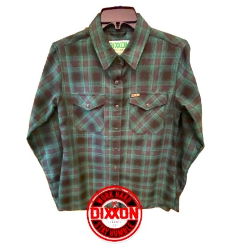 Women's DIXXON Green/Black plaid "McCaffrey Pearl Snap Long Sleeve flannel.